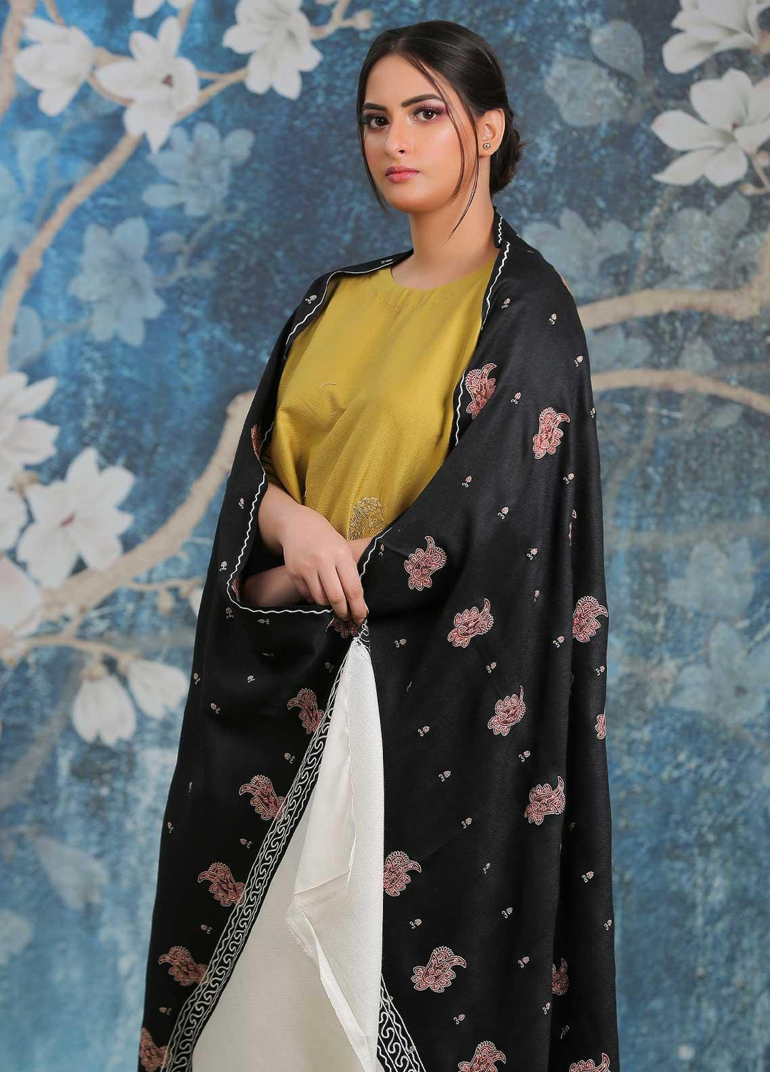 Sanaulla Exclusive Range Embroidered Pashmina  Shawl AKP-26 White-4 - Pashmina Shawls