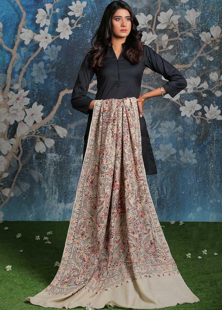 Sanaulla Exclusive Range Embroidered Pashmina  Shawl SU21PP AKP-27 Fawn-8 - Pure Pashmina Shawls