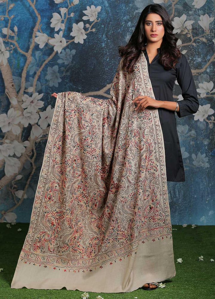 Sanaulla Exclusive Range Embroidered Pashmina  Shawl SU21PP AKP-27 Fawn-8 - Pure Pashmina Shawls