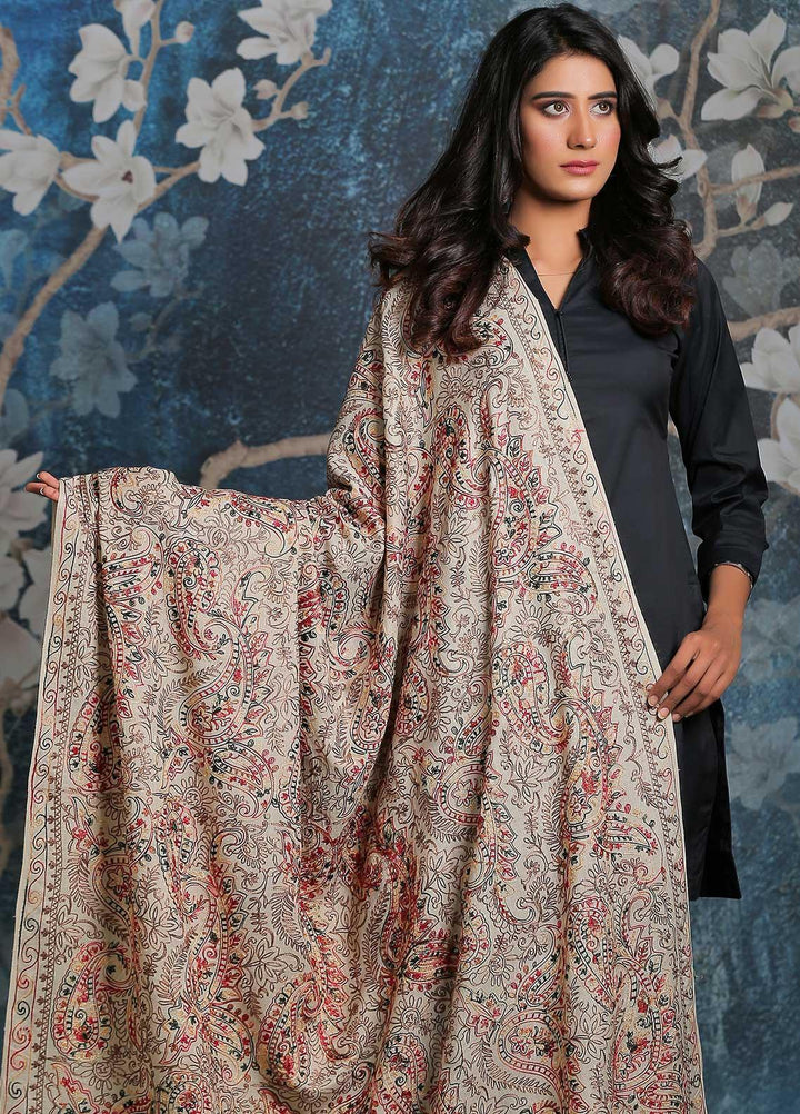 Sanaulla Exclusive Range Embroidered Pashmina  Shawl SU21PP AKP-27 Fawn-8 - Pure Pashmina Shawls