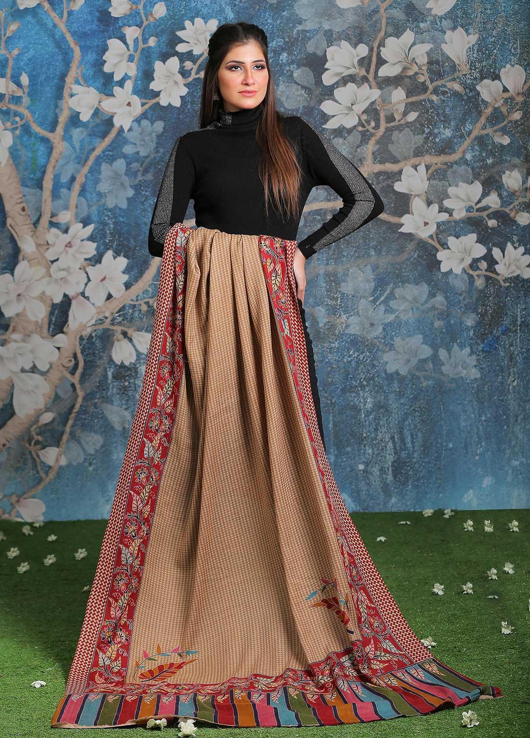 Sanaulla Exclusive Range Embroidered Pashmina  Shawl SU21PP AKP-28 Multi-1 - Pure Pashmina Shawls