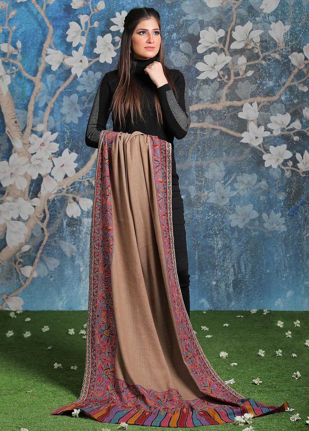 Sanaulla Exclusive Range Embroidered Pashmina  Shawl SU21PP AKP-28 Multi-8 - Pure Pashmina Shawls
