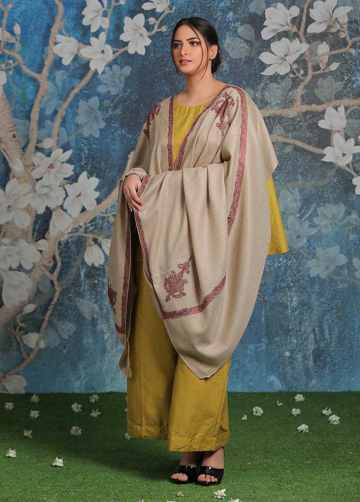 Sanaulla Exclusive Range Embroidered Pashmina  Shawl AKP-29 Brown-5 - Pashmina Shawls