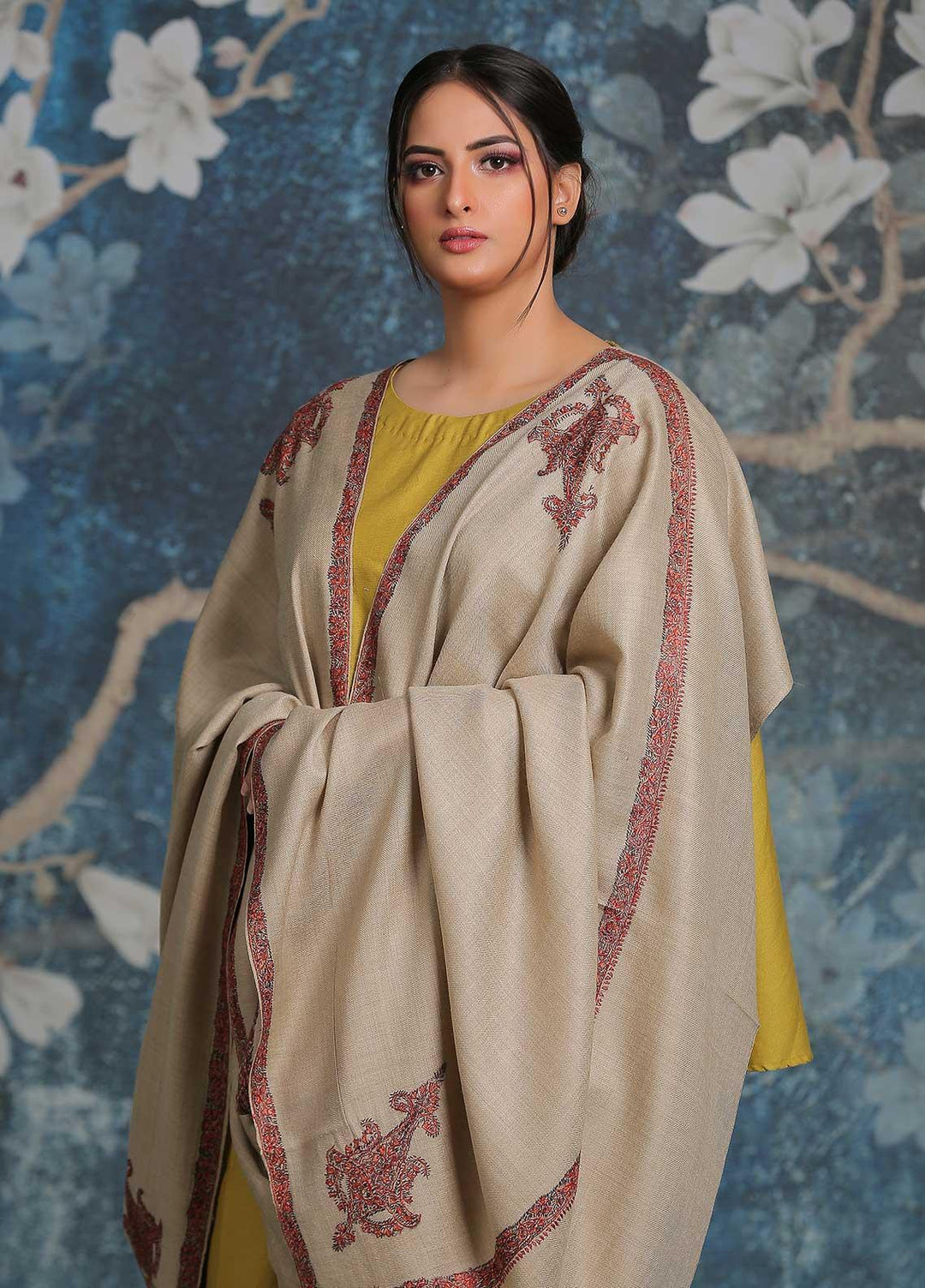 Sanaulla Exclusive Range Embroidered Pashmina  Shawl AKP-29 Brown-5 - Pashmina Shawls