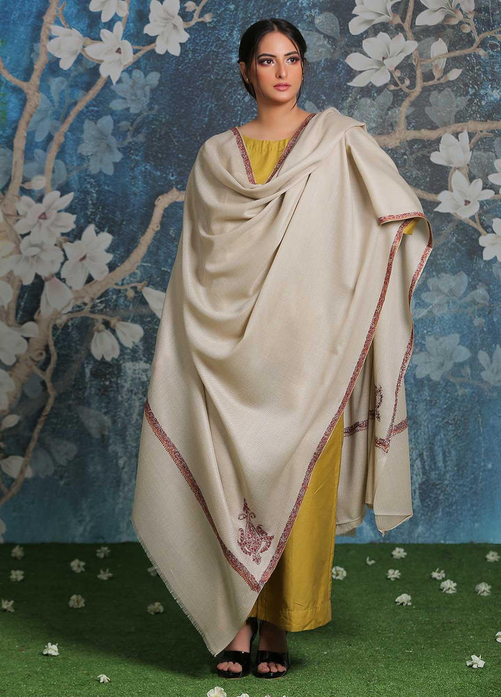 Sanaulla Exclusive Range Embroidered Pashmina  Shawl AKP-29 Fawn-2 - Pashmina Shawls