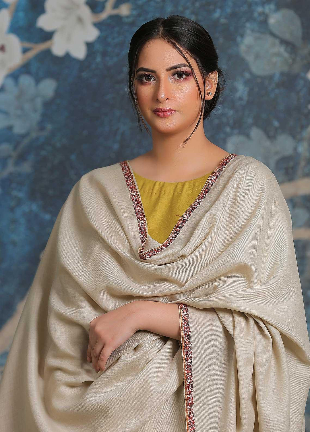 Sanaulla Exclusive Range Embroidered Pashmina  Shawl AKP-29 Fawn-2 - Pashmina Shawls