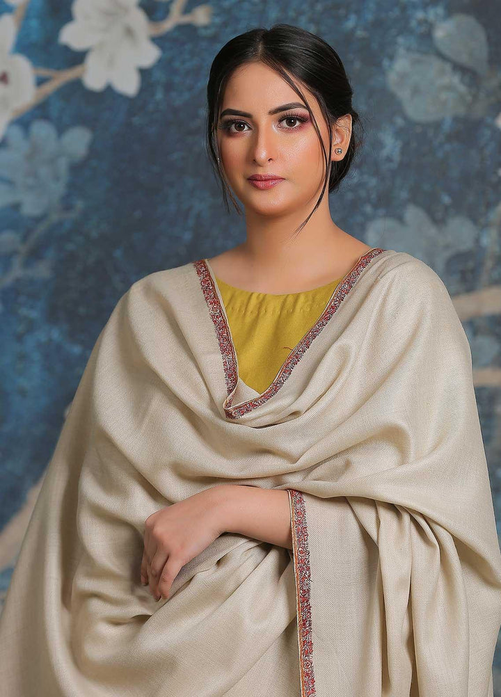 Sanaulla Exclusive Range Embroidered Pashmina  Shawl AKP-29 Fawn-2 - Pashmina Shawls