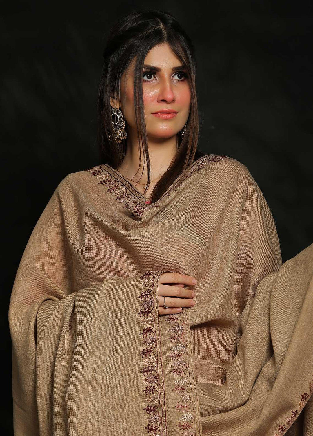 Sanaulla Exclusive Range Embroidered Pashmina  Shawl AKP-39 Brown-4 - Pashmina Shawls