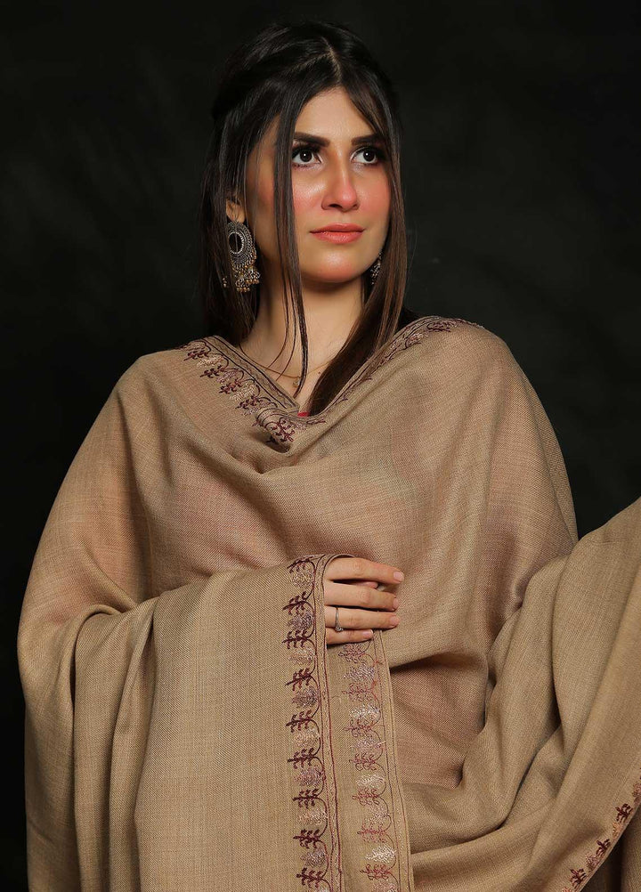 Sanaulla Exclusive Range Embroidered Pashmina  Shawl AKP-39 Brown-4 - Pashmina Shawls