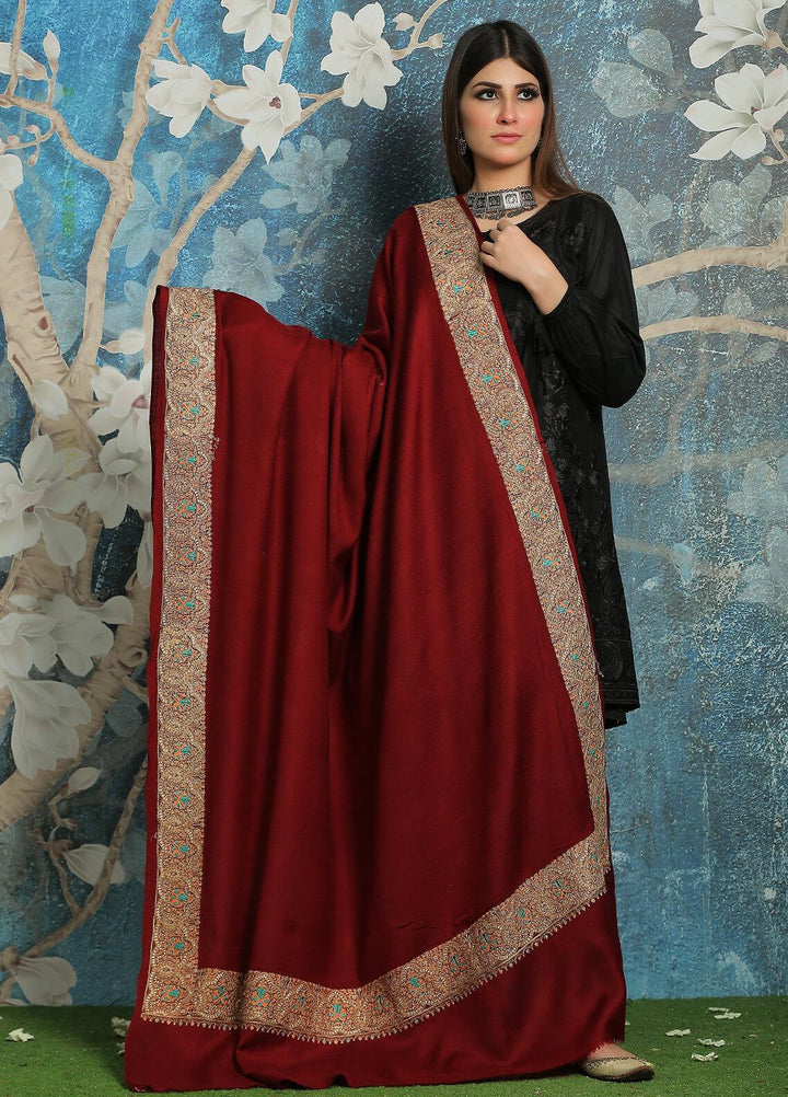 Sanaulla Exclusive Range Embroidered Pashmina  Shawl AKP-41 Maroon - Pashmina Shawls