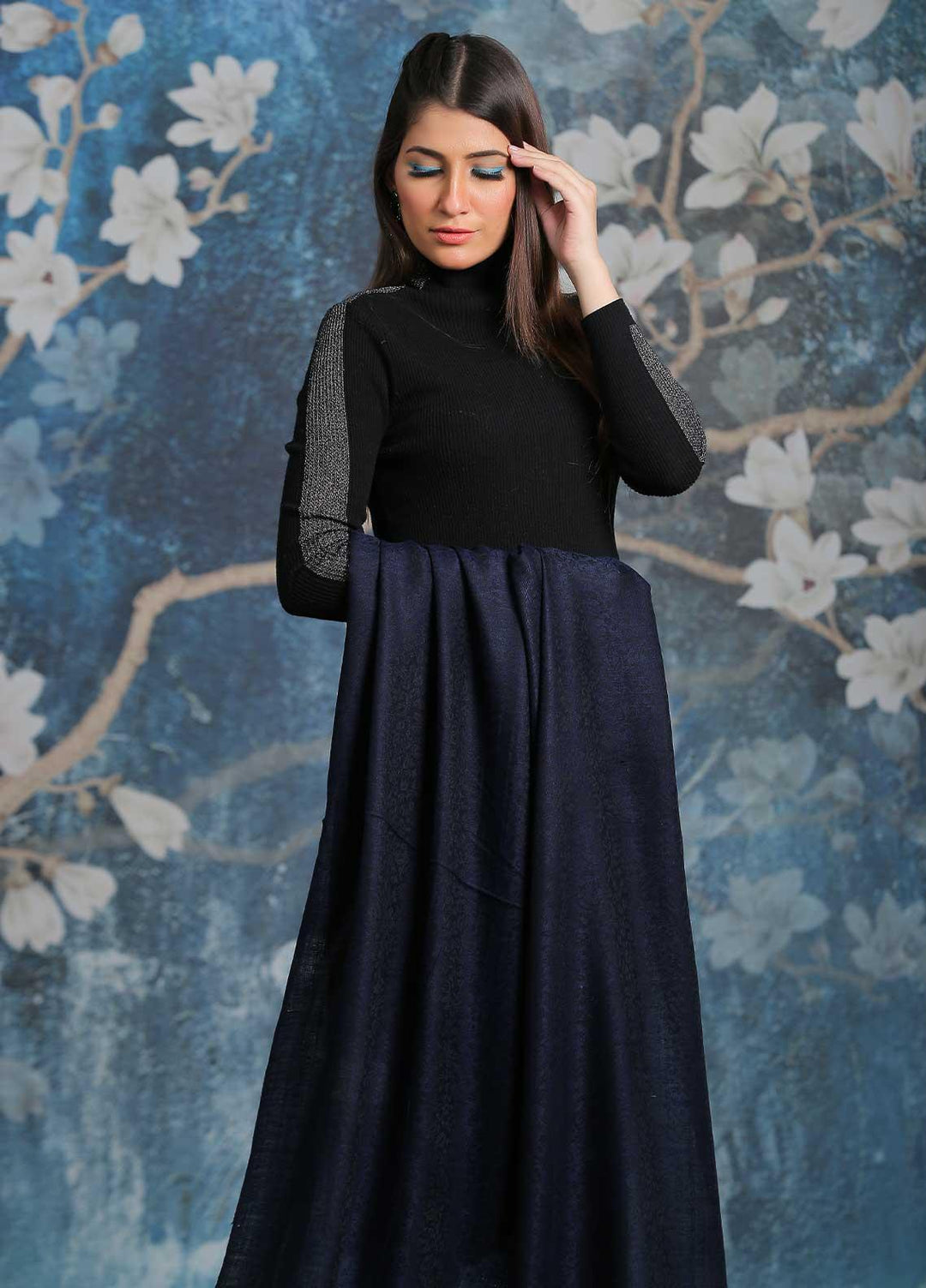 Sanaulla Exclusive Range  Pashmina  Shawl SU21PP AKP-51 N Blue-1 - Pure Pashmina Shawls