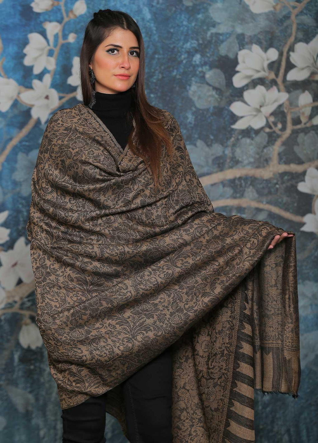 Sanaulla Exclusive Range Embroidered Pashmina  Shawl AKP-52 D Brown-4 - Pashmina Shawls