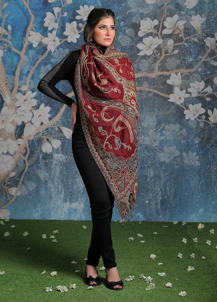 Sanaulla Exclusive Range Embroidered Pashmina  Shawl SU21PP MIR-09 Maroon 3 - Pure Pashmina Shawls
