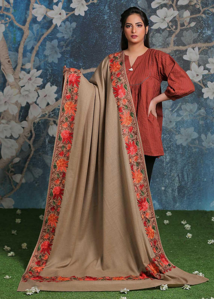 Sanaulla Exclusive Range Embroidered Pashmina  Shawl SU21PP MIR-15 Brown 7 - Pure Pashmina Shawls