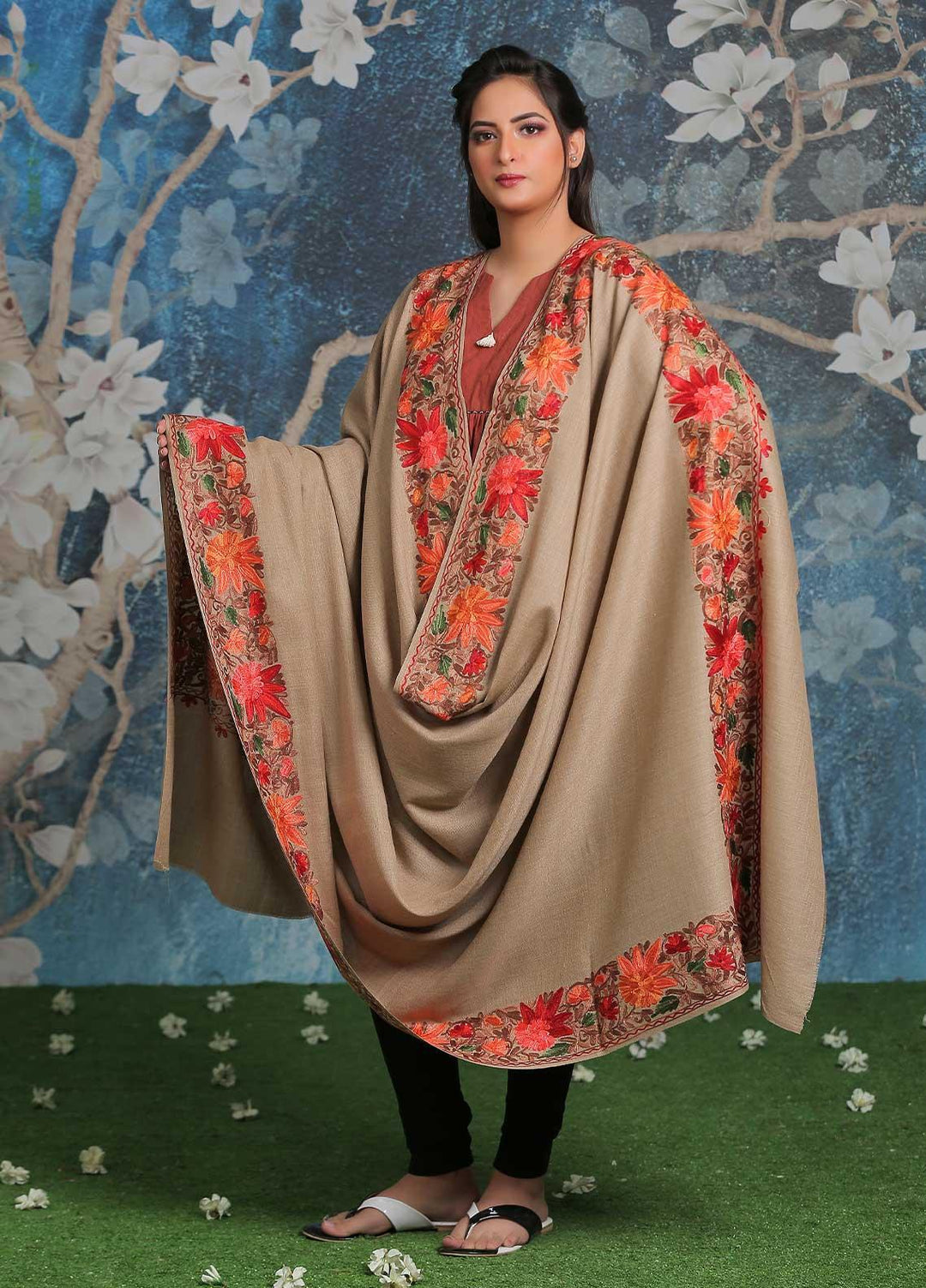 Sanaulla Exclusive Range Embroidered Pashmina  Shawl SU21PP MIR-15 Brown 7 - Pure Pashmina Shawls