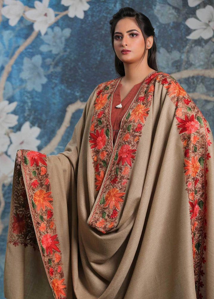 Sanaulla Exclusive Range Embroidered Pashmina  Shawl SU21PP MIR-15 Brown 7 - Pure Pashmina Shawls