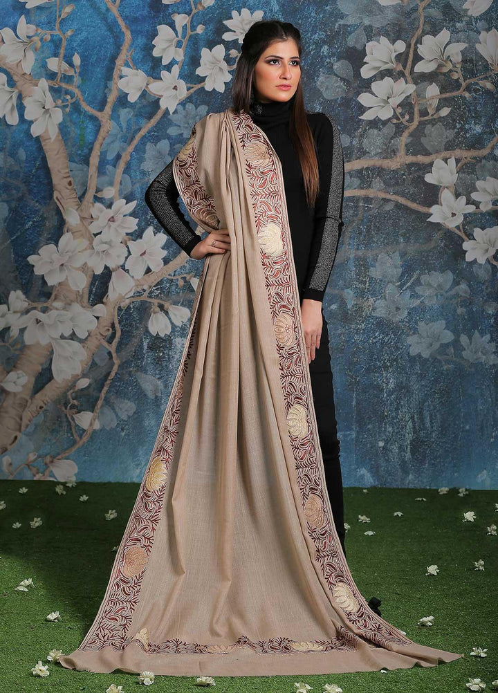 Sanaulla Exclusive Range Embroidered Pashmina  Shawl SU21PP MIR-16 Fawn 1 - Pure Pashmina Shawls