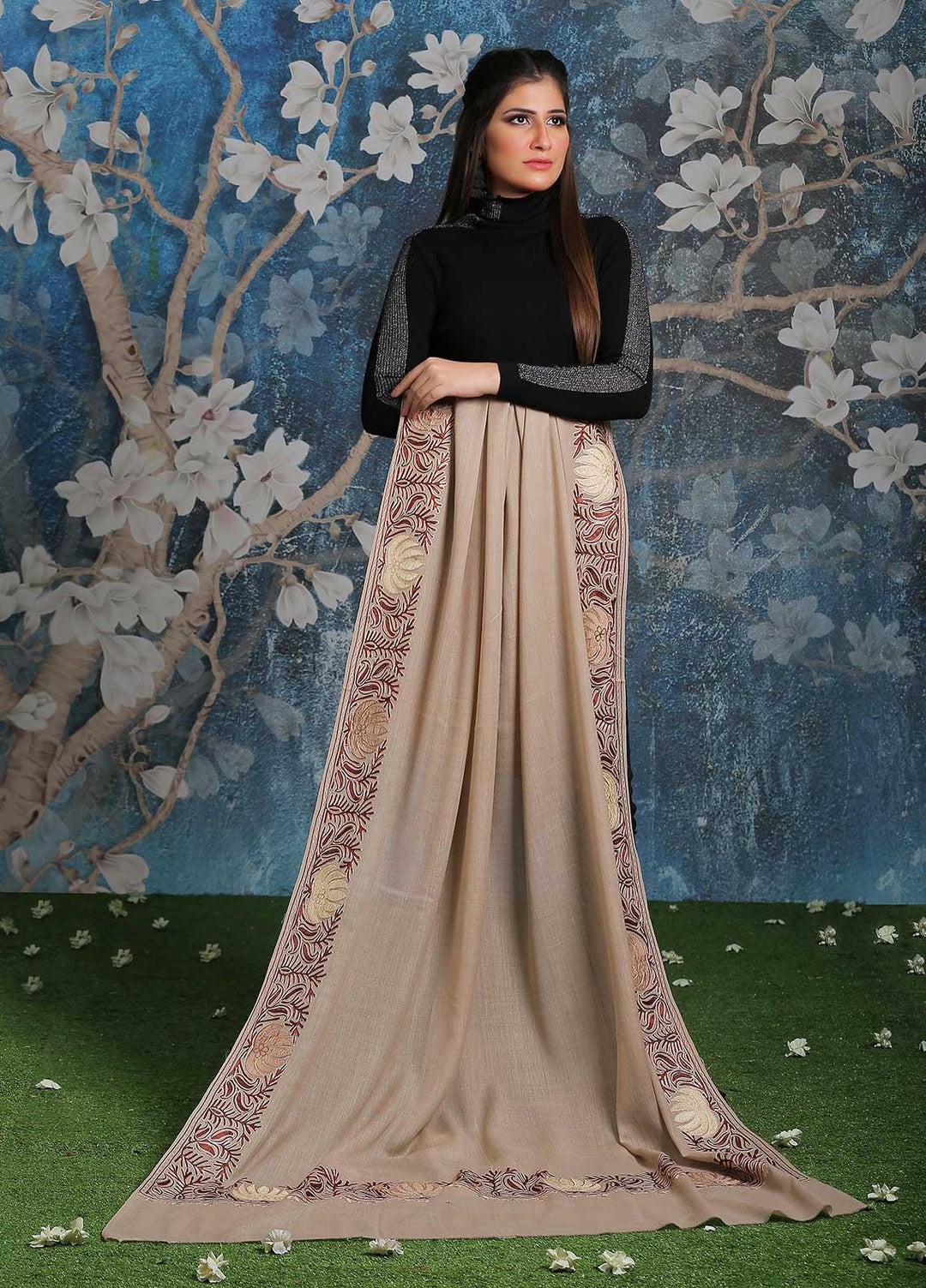 Sanaulla Exclusive Range Embroidered Pashmina  Shawl SU21PP MIR-16 Fawn 1 - Pure Pashmina Shawls