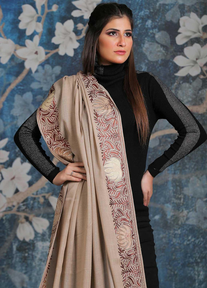 Sanaulla Exclusive Range Embroidered Pashmina  Shawl SU21PP MIR-16 Fawn 1 - Pure Pashmina Shawls