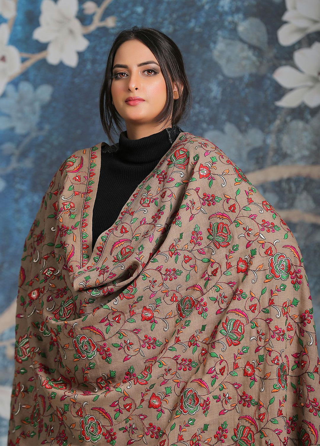 Sanaulla Exclusive Range Embroidered Pashmina  Shawl SU21PP MIR-21 Brown 6 - Pure Pashmina Shawls