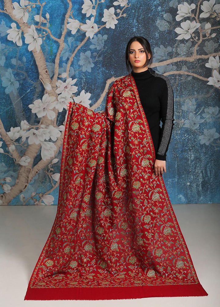 Sanaulla Exclusive Range Embroidered Pashmina  Shawl SU21PP MIR-21 Red - Pure Pashmina Shawls