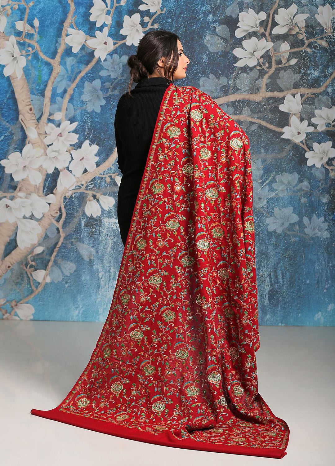 Sanaulla Exclusive Range Embroidered Pashmina  Shawl SU21PP MIR-21 Red - Pure Pashmina Shawls