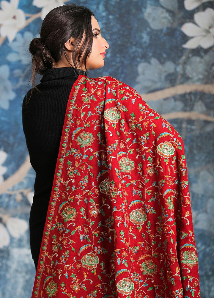 Sanaulla Exclusive Range Embroidered Pashmina  Shawl SU21PP MIR-21 Red - Pure Pashmina Shawls
