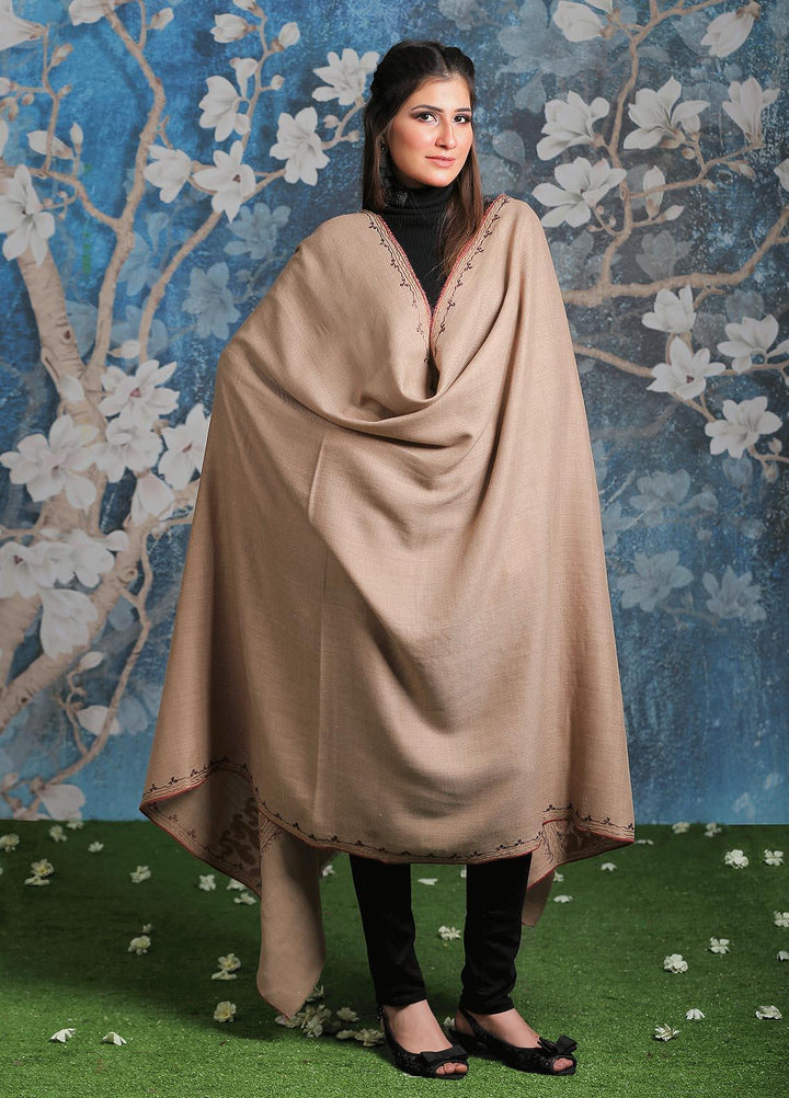 Sanaulla Exclusive Range Embroidered Pashmina  Shawl MIR-23 Fawn 5 - Pashmina Shawls