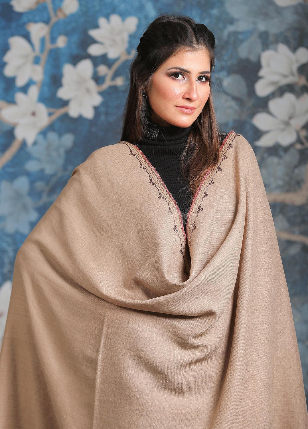 Sanaulla Exclusive Range Embroidered Pashmina  Shawl MIR-23 Fawn 5 - Pashmina Shawls