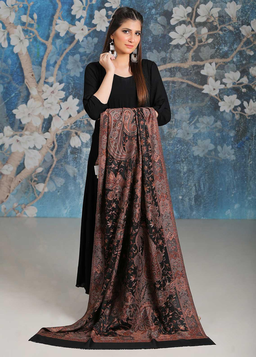 Sanaulla Exclusive Range Embroidered Pashmina  Shawl MIR-25 Black 2 - Pashmina Shawls