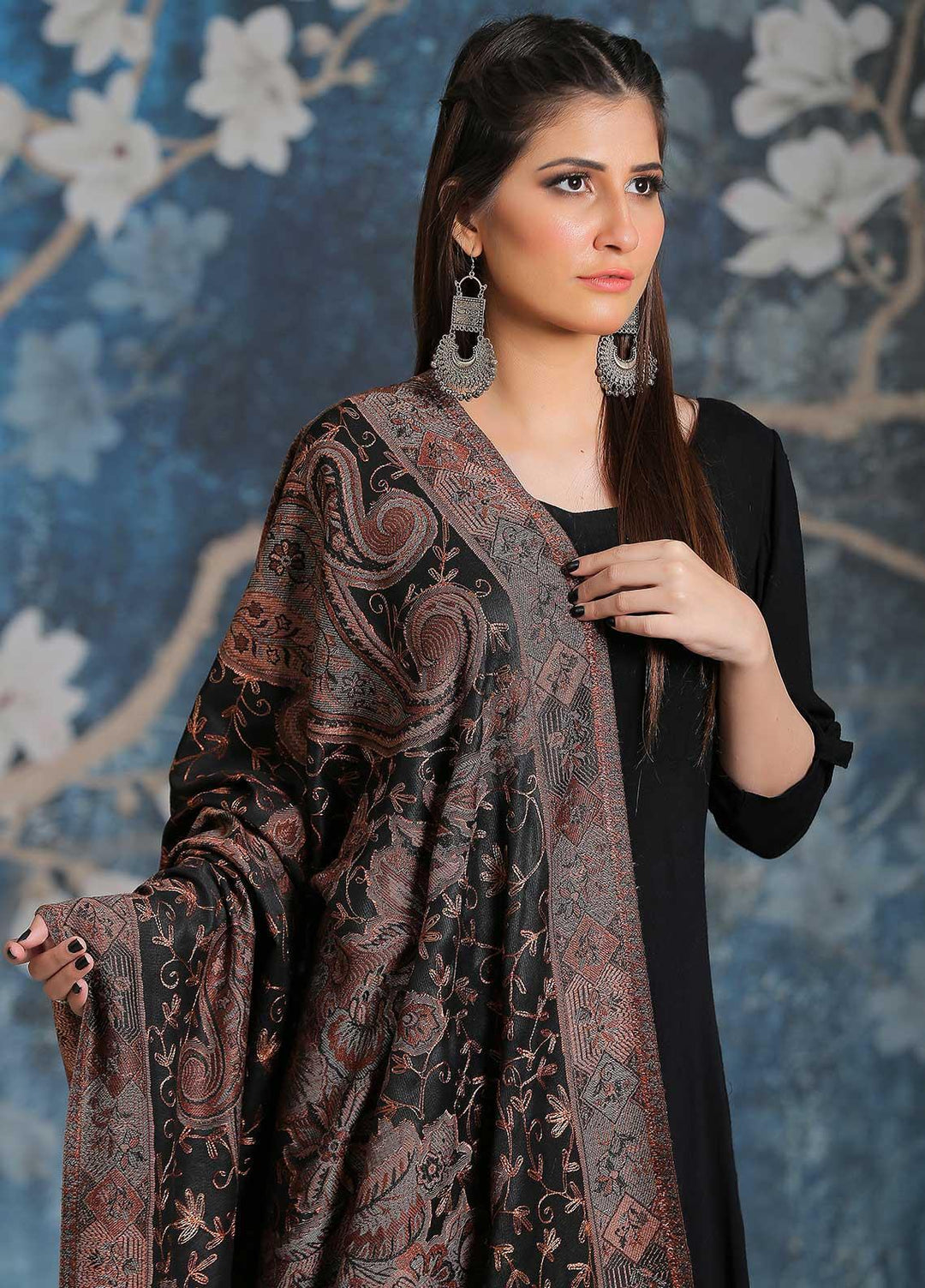 Sanaulla Exclusive Range Embroidered Pashmina  Shawl MIR-25 Black 2 - Pashmina Shawls