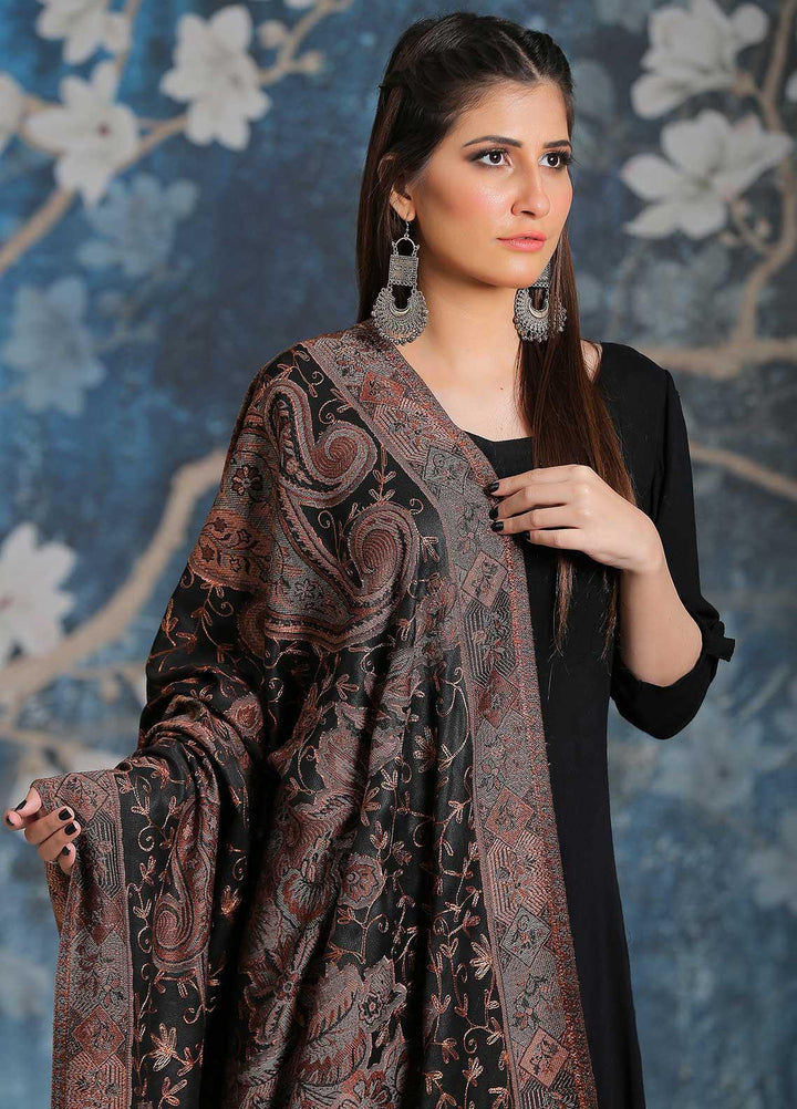 Sanaulla Exclusive Range Embroidered Pashmina  Shawl MIR-25 Black 2 - Pashmina Shawls
