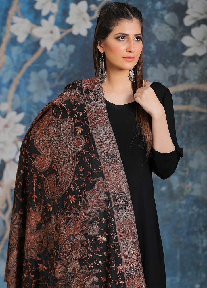 Sanaulla Exclusive Range Embroidered Pashmina  Shawl MIR-25 Black 3 - Pashmina Shawls