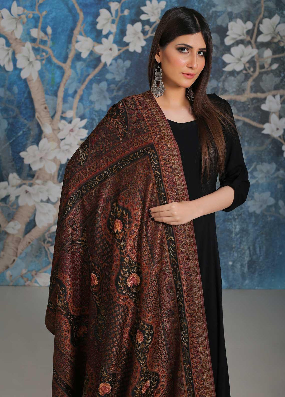 Sanaulla Exclusive Range Embroidered Pashmina  Shawl MIR-25 Black 7 - Pashmina Shawls