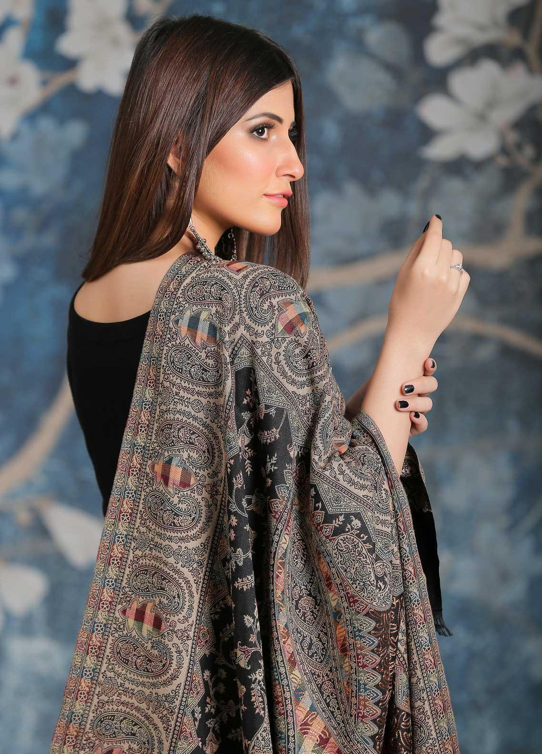 Sanaulla Exclusive Range Embroidered Pashmina  Shawl MIR-25 Blue 3 - Pashmina Shawls