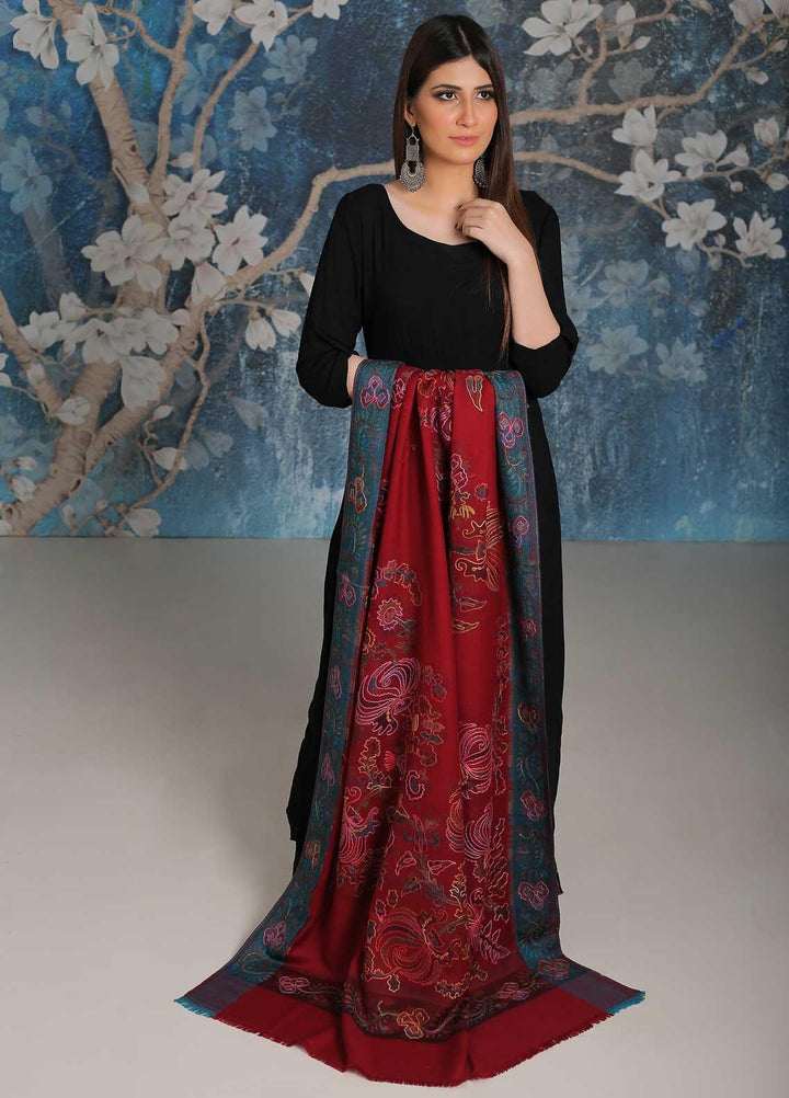 Sanaulla Exclusive Range Embroidered Pashmina  Shawl MIR-25 Maroon 1 - Pashmina Shawls