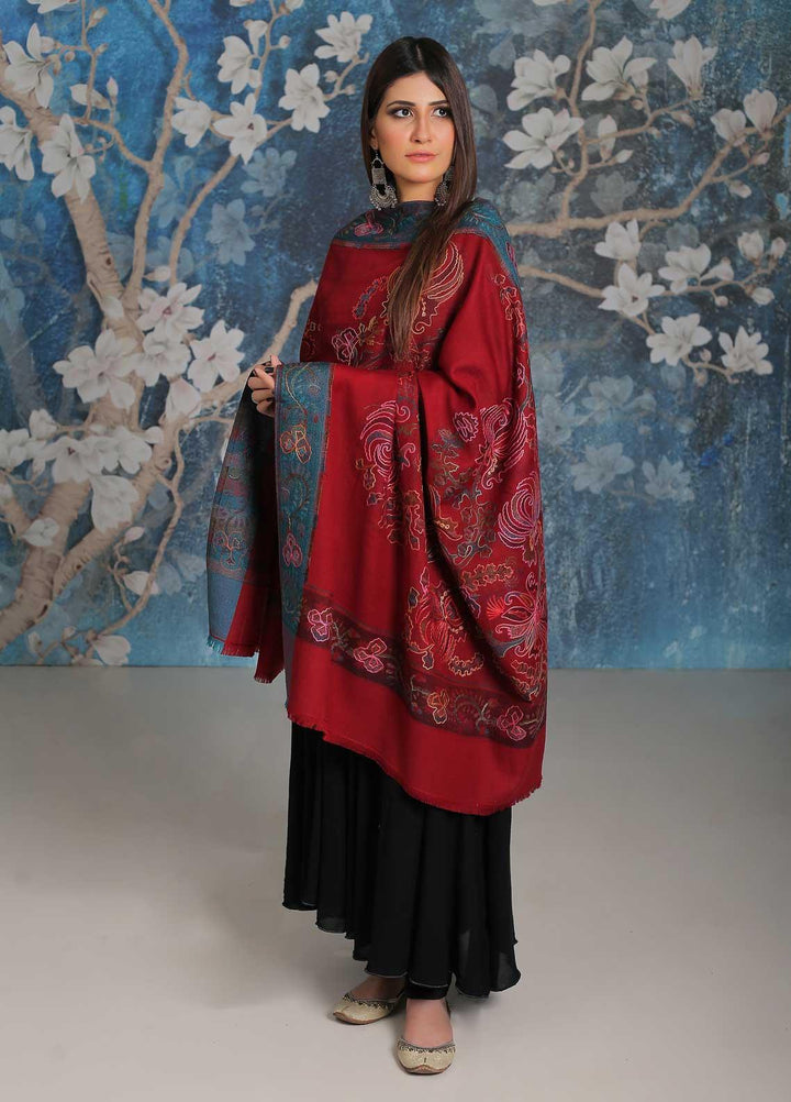 Sanaulla Exclusive Range Embroidered Pashmina  Shawl MIR-25 Maroon 1 - Pashmina Shawls