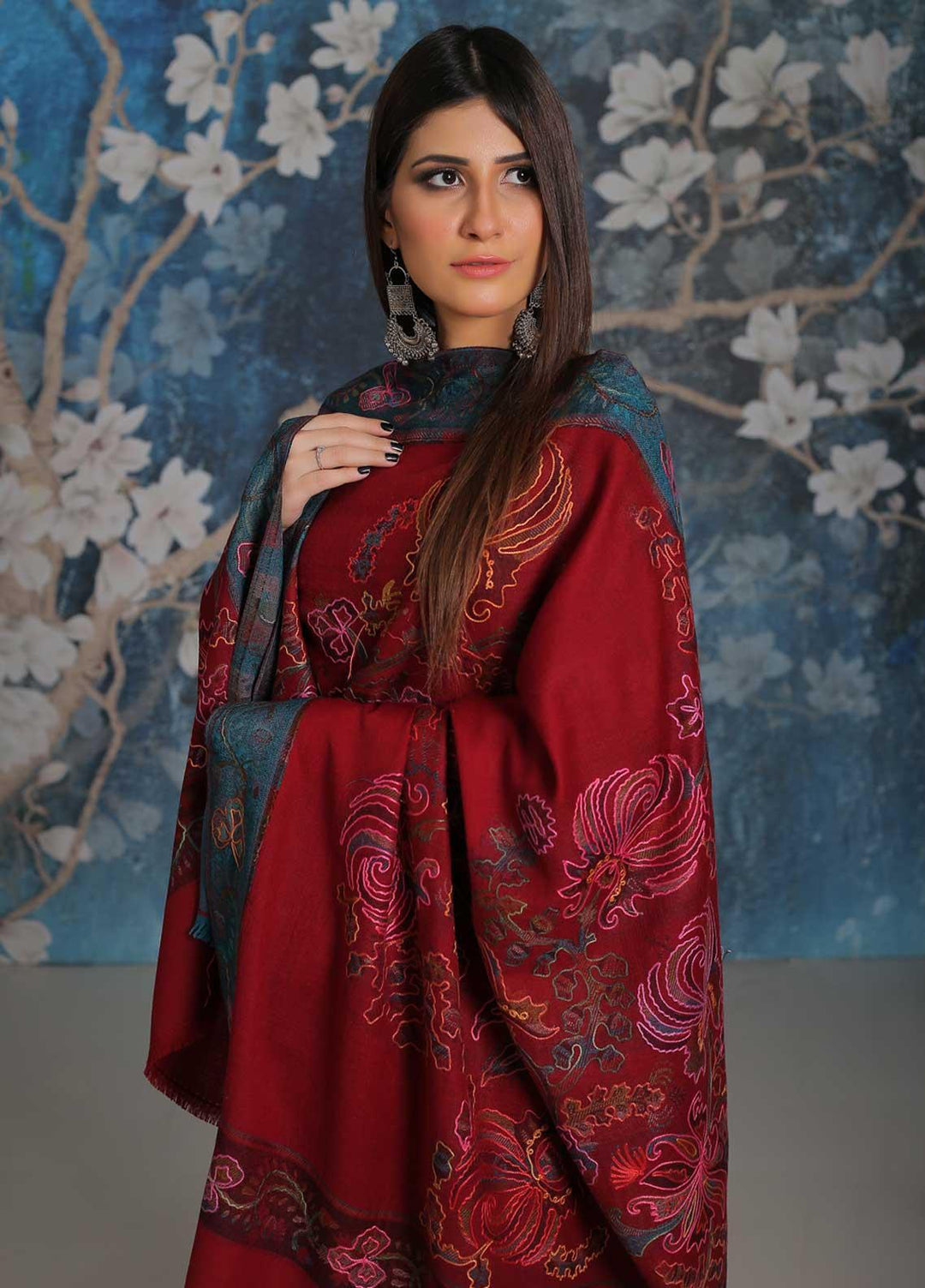 Sanaulla Exclusive Range Embroidered Pashmina  Shawl MIR-25 Maroon 1 - Pashmina Shawls