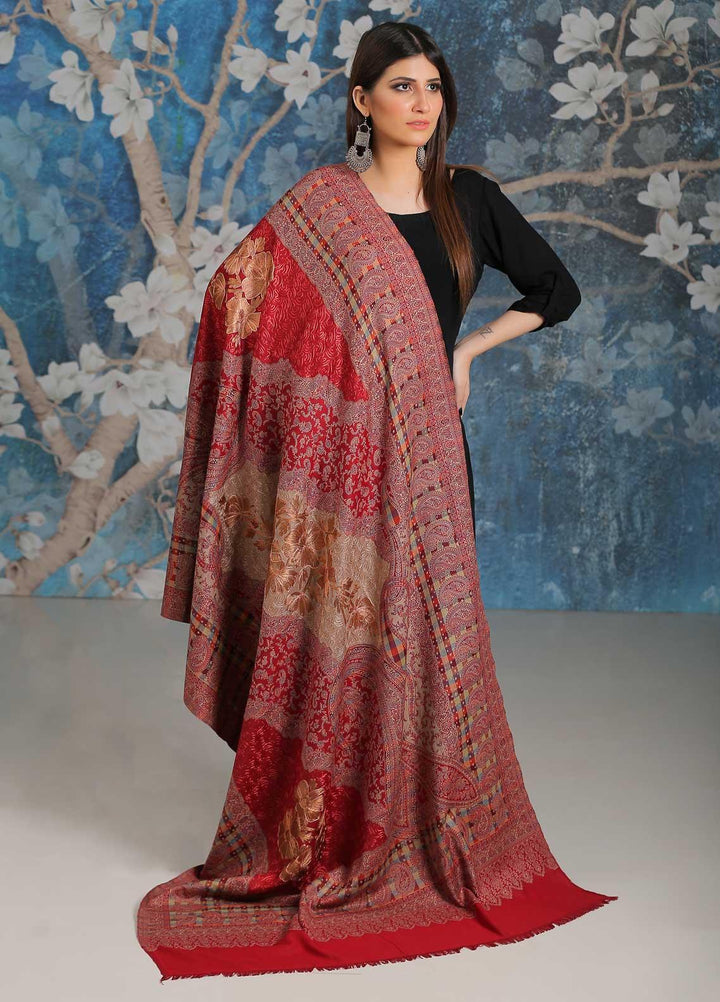 Sanaulla Exclusive Range Embroidered Pashmina  Shawl MIR-25 Red - Pashmina Shawls