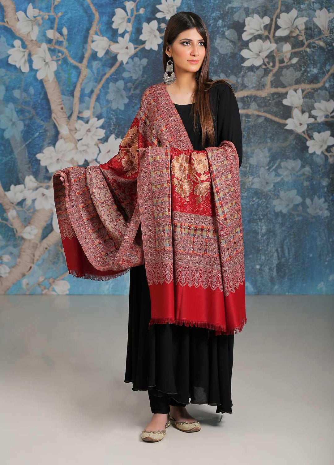Sanaulla Exclusive Range Embroidered Pashmina  Shawl MIR-25 Red - Pashmina Shawls
