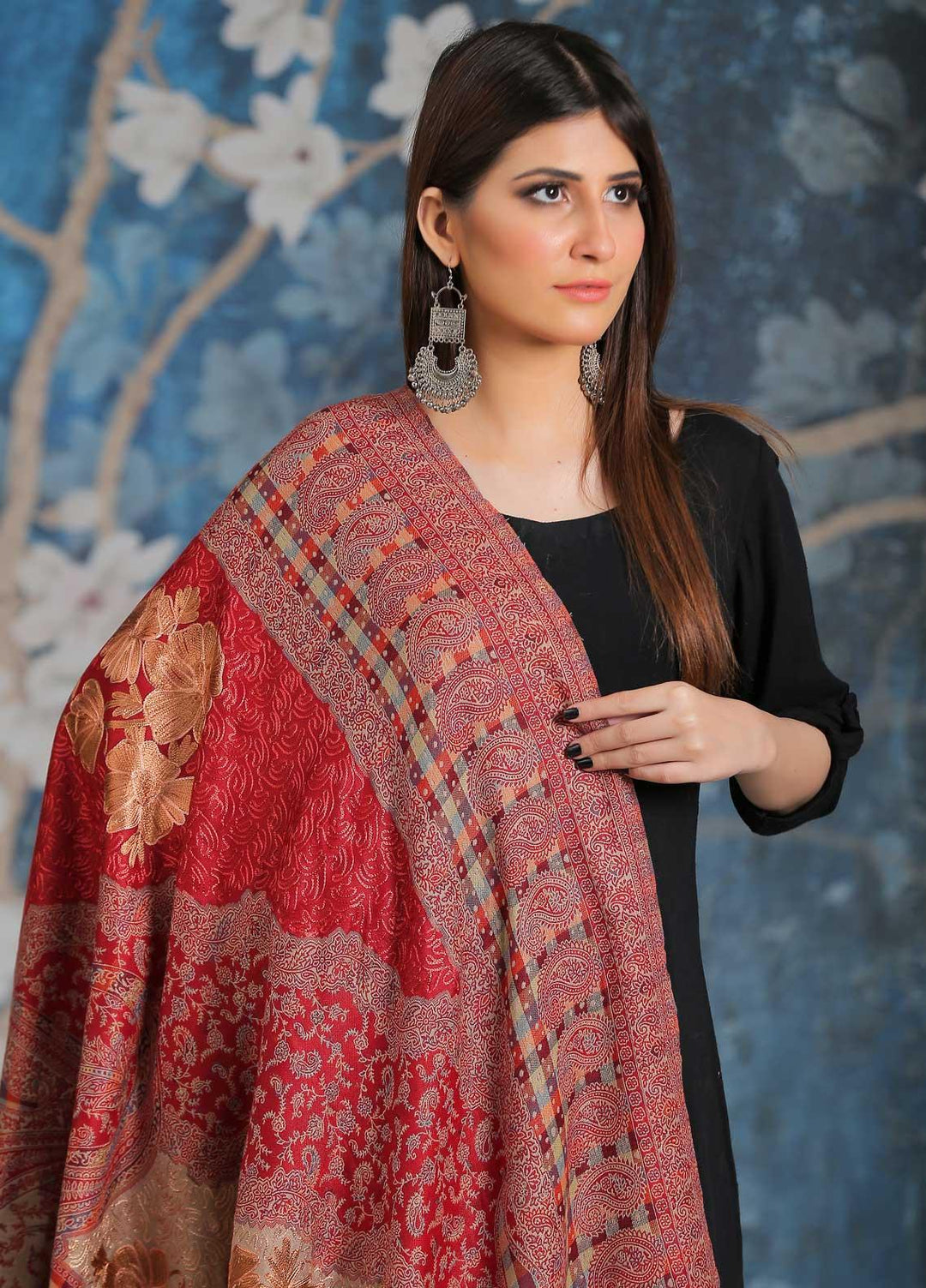 Sanaulla Exclusive Range Embroidered Pashmina  Shawl MIR-25 Red - Pashmina Shawls