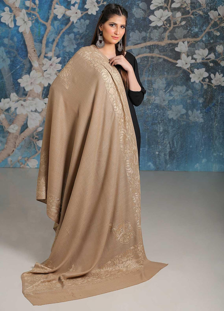 Sanaulla Exclusive Range Embroidered Pashmina  Shawl MIR-26 Brown 4 - Pashmina Shawls