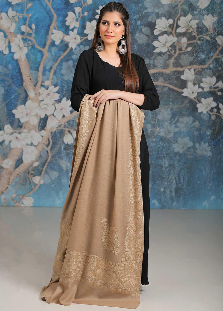 Sanaulla Exclusive Range Embroidered Pashmina  Shawl MIR-26 Brown 4 - Pashmina Shawls