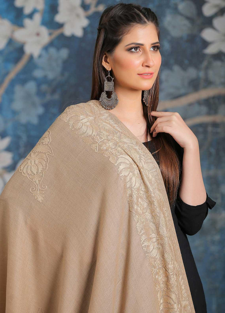 Sanaulla Exclusive Range Embroidered Pashmina  Shawl MIR-26 Brown 4 - Pashmina Shawls