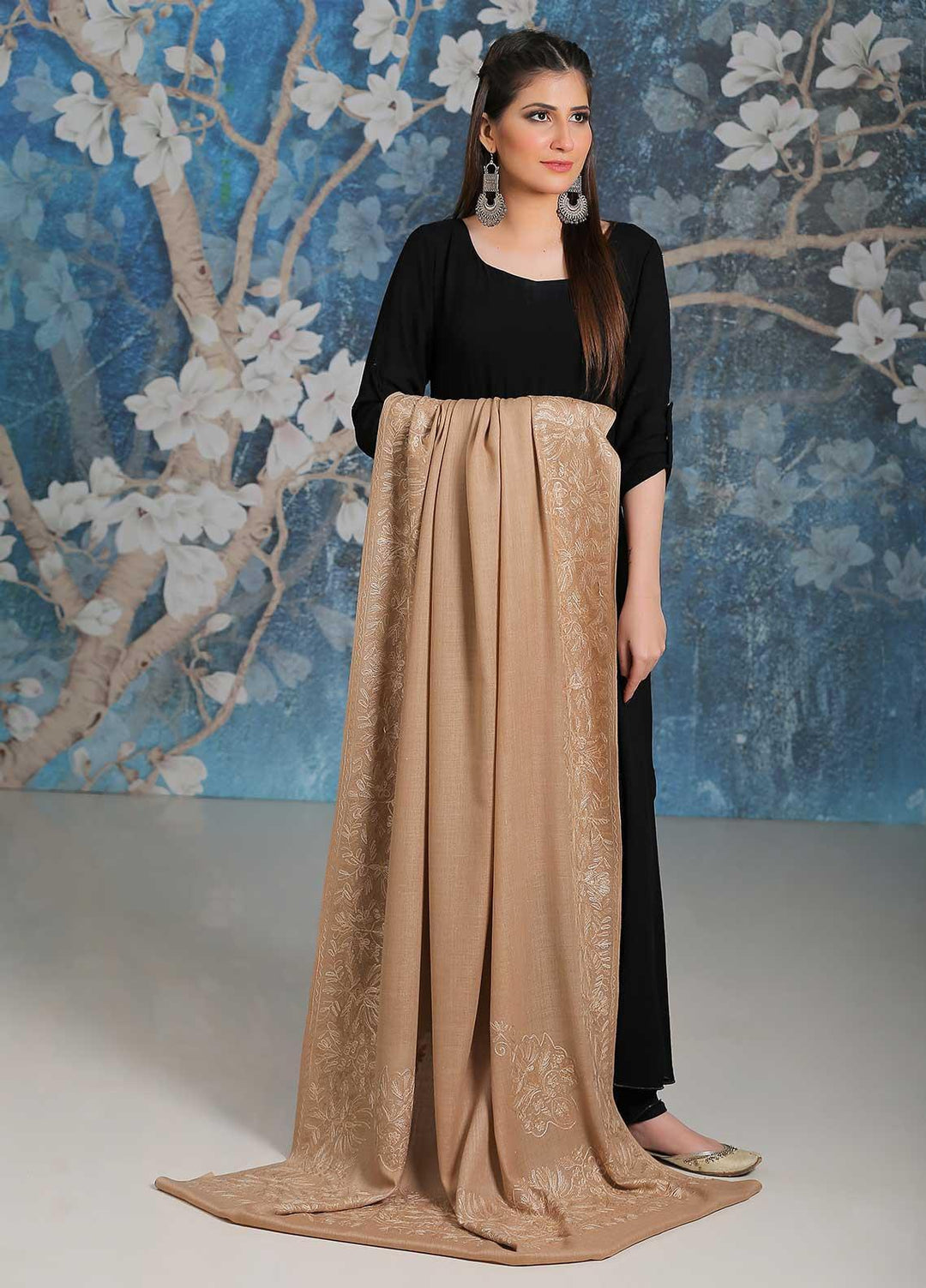 Sanaulla Exclusive Range Embroidered Pashmina  Shawl MIR-26 Brown 5 - Pashmina Shawls