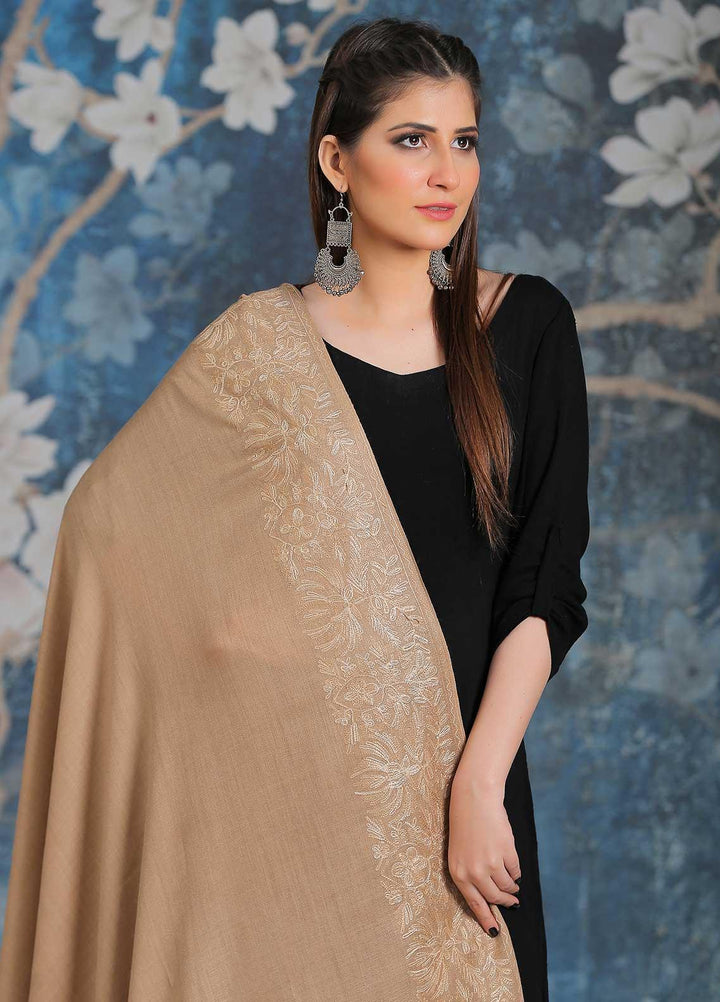 Sanaulla Exclusive Range Embroidered Pashmina  Shawl MIR-26 Brown 5 - Pashmina Shawls
