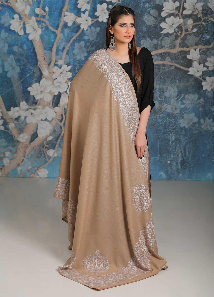 Sanaulla Exclusive Range Embroidered Pashmina  Shawl MIR-26 Brown 7 - Pashmina Shawls