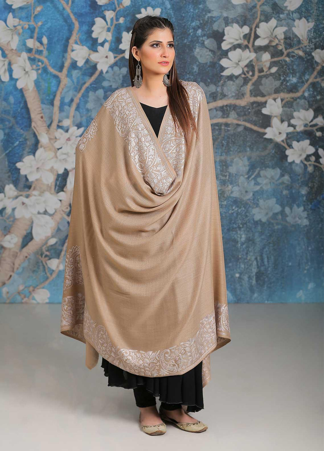 Sanaulla Exclusive Range Embroidered Pashmina  Shawl MIR-26 Brown 7 - Pashmina Shawls
