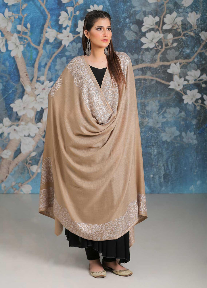 Sanaulla Exclusive Range Embroidered Pashmina  Shawl MIR-26 Brown 7 - Pashmina Shawls