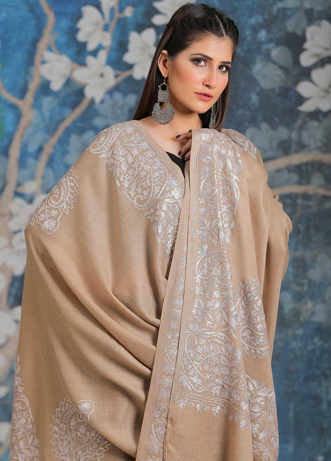 Sanaulla Exclusive Range Embroidered Pashmina  Shawl MIR-26 Brown 7 - Pashmina Shawls